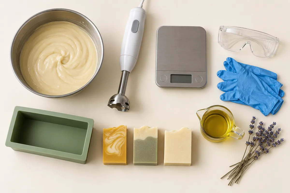 Freshly cut handmade soap bars in natural colours on a workbench