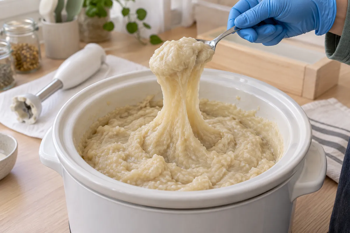 A gloved hand lifts a stainless steel spoon from a slow cooker of thick, opaque, pale beige soap paste, which stretches in a heavy ribbon