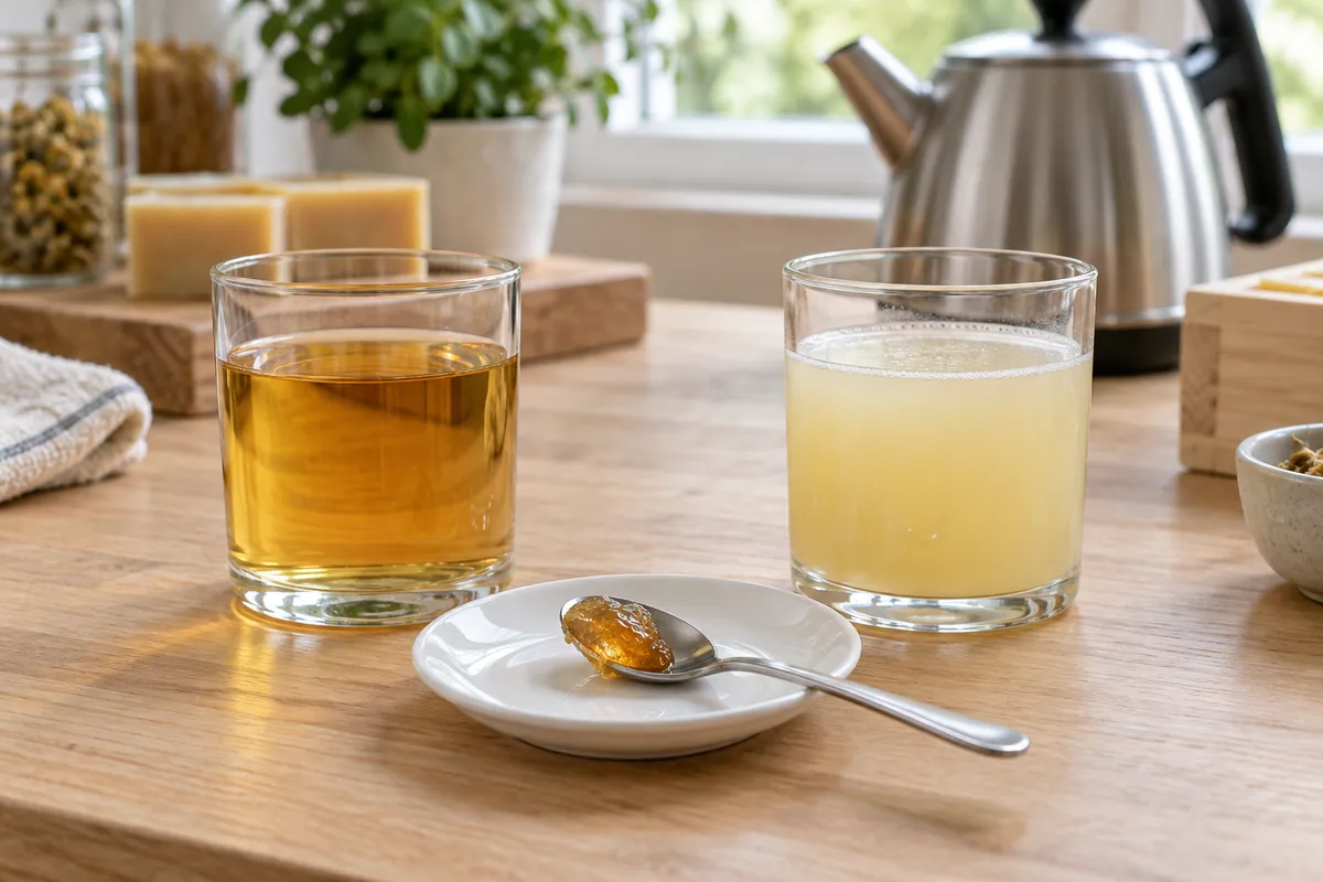 Two small glass tumblers on a wooden worktop: the left holds clear golden diluted soap, the right a milky, cloudy one