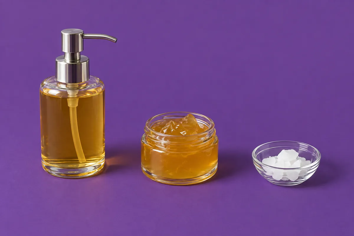 A clear glass pump bottle of golden liquid soap, a jar of translucent amber soap paste and a dish of white potassium hydroxide flakes on a purple backdrop
