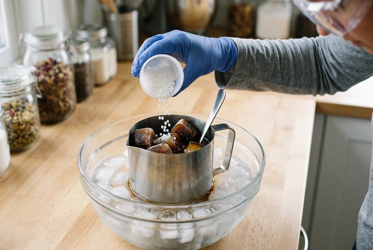 A gloved hand tipping white sodium hydroxide beads onto frozen coffee cubes in a steel jug set in an ice bath