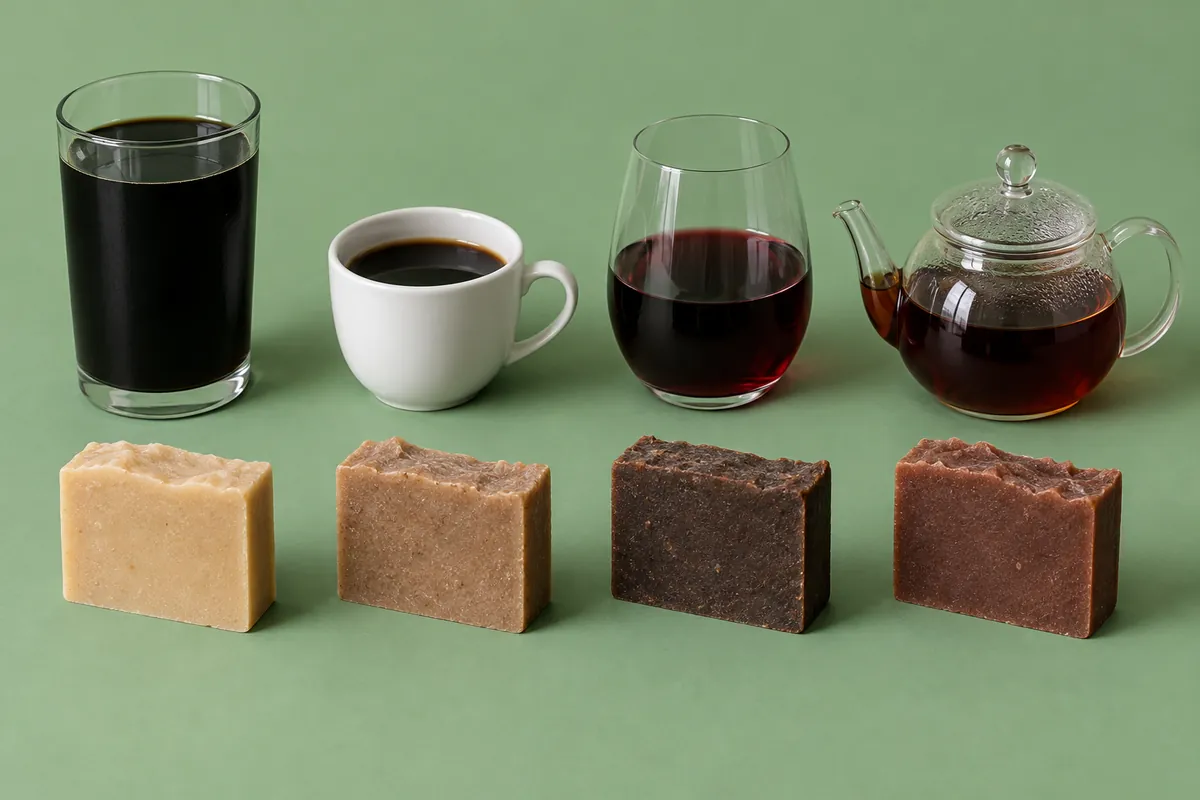A glass of dark stout, a cup of black coffee, a glass of red wine and a small pot of strong tea beside cut soap bars in shades of tan and brown, on a sage green backdrop