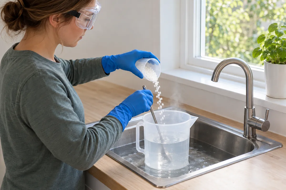 A person in goggles, long sleeves and blue nitrile gloves pouring white lye beads into a jug of water standing in a basin of cold water in a sink