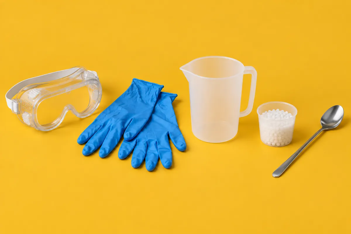 Clear splash goggles, blue nitrile gloves, a translucent polypropylene jug, a cup of white lye beads and a steel spoon on a turmeric-yellow backdrop