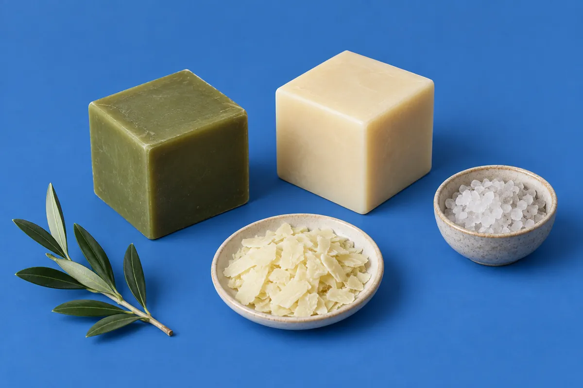 Two cubes of Marseille-style soap, one olive green and one ivory, with a dish of soap flakes, a bowl of coarse sea salt and an olive sprig on a blue backdrop