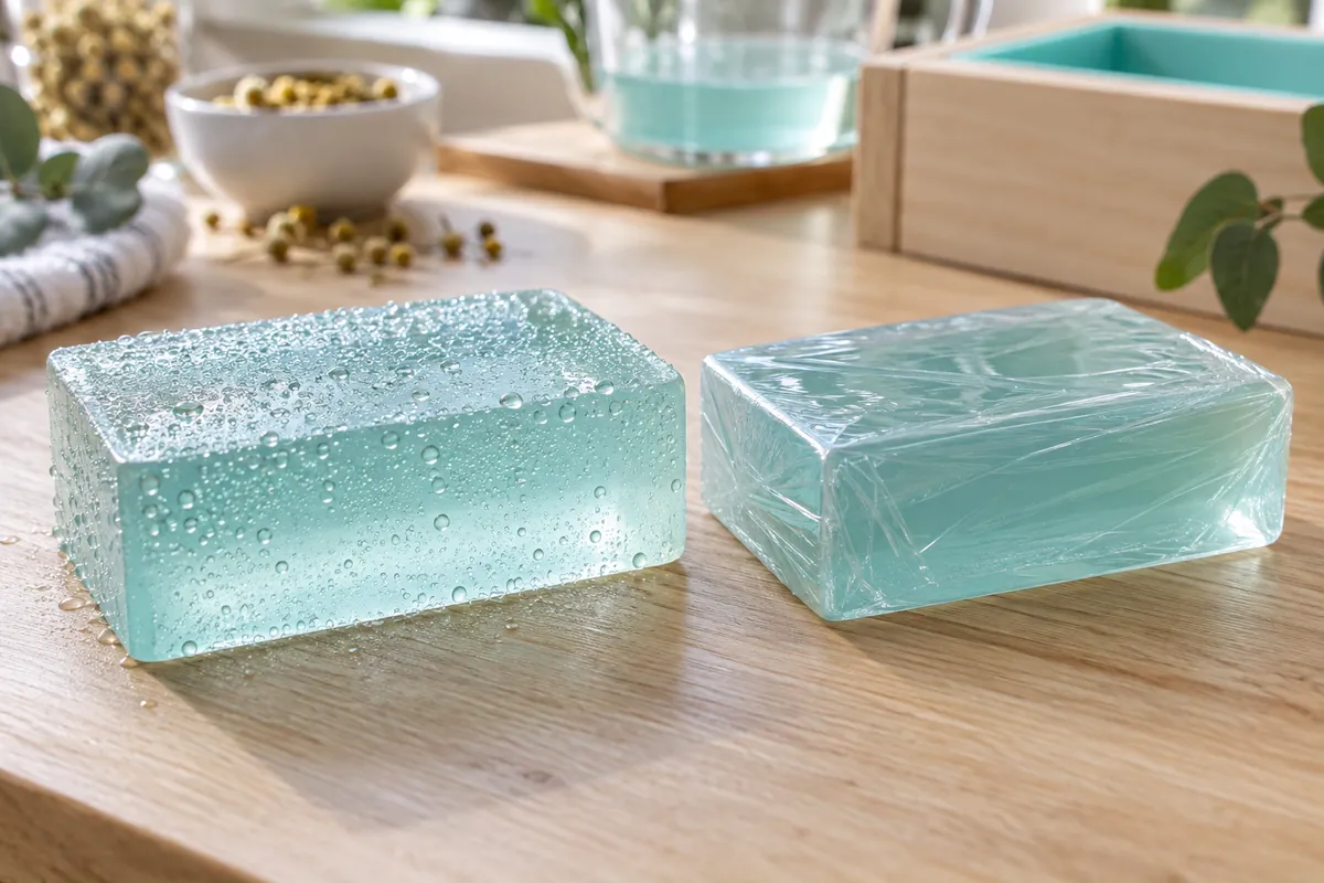 Two clear aqua melt-and-pour bars side by side: the unwrapped one covered in tiny beads of moisture, the one wrapped in cling film dry and glossy
