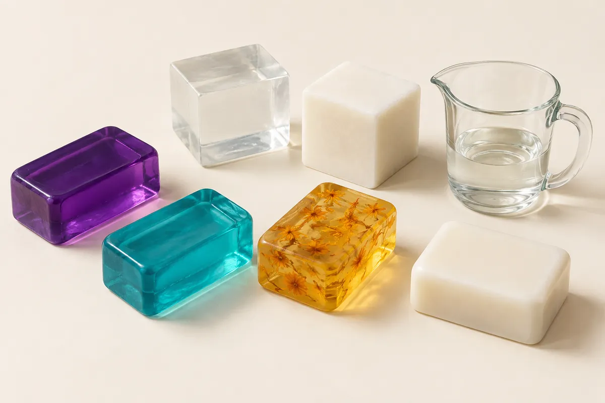 Glossy melt-and-pour soap bars in clear amethyst, teal and gold with calendula petals, beside cubes of clear and white base on a cream backdrop