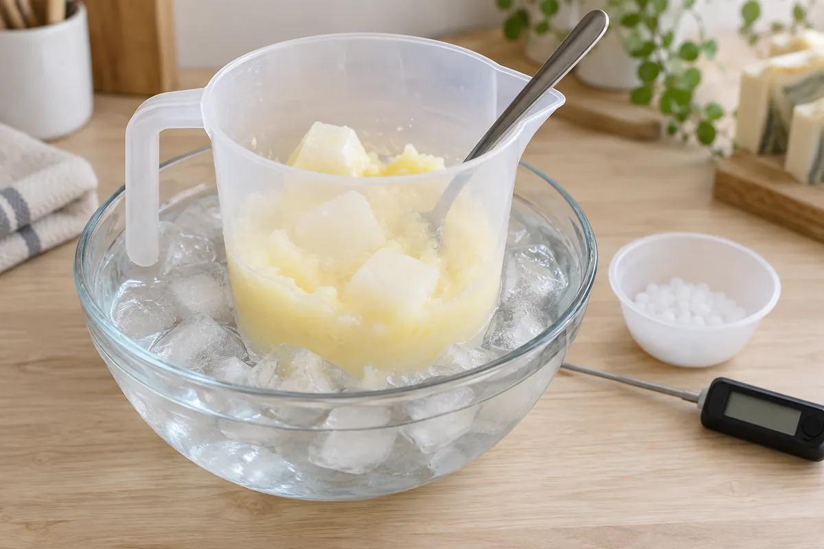 A plastic jug of half-melted frozen goat milk cubes in pale yellow slush, standing in a bowl of iced water