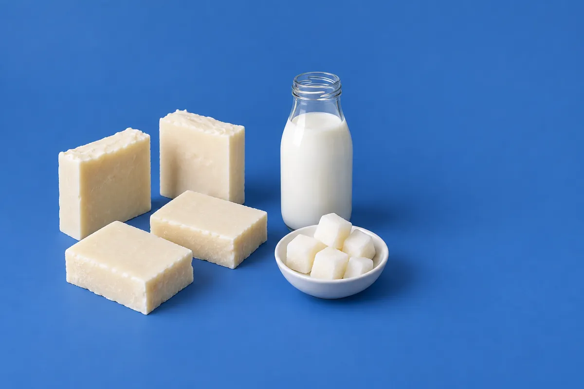 Cut bars of pale cream goat milk soap beside a small glass bottle of milk and a dish of frozen milk cubes on a cobalt blue backdrop