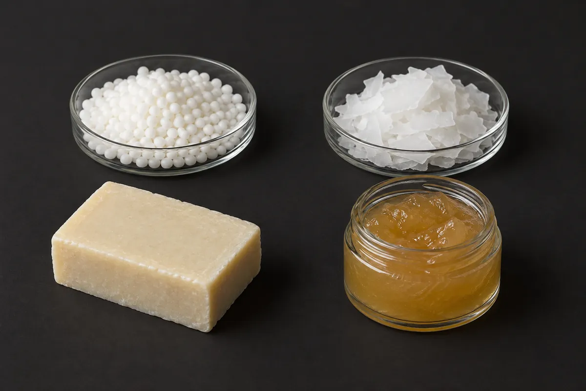 A glass dish of round white sodium hydroxide beads beside a dish of white potassium hydroxide flakes, with a hard bar of soap and a jar of amber soft soap paste, on a charcoal backdrop