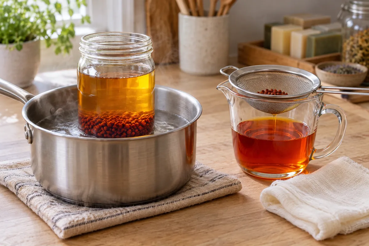 A glass jar of golden oil with annatto seeds settling at the bottom, standing in a small pan of steaming water on a light wood worktop, a fine strainer and a jug of deep orange strained oil beside it