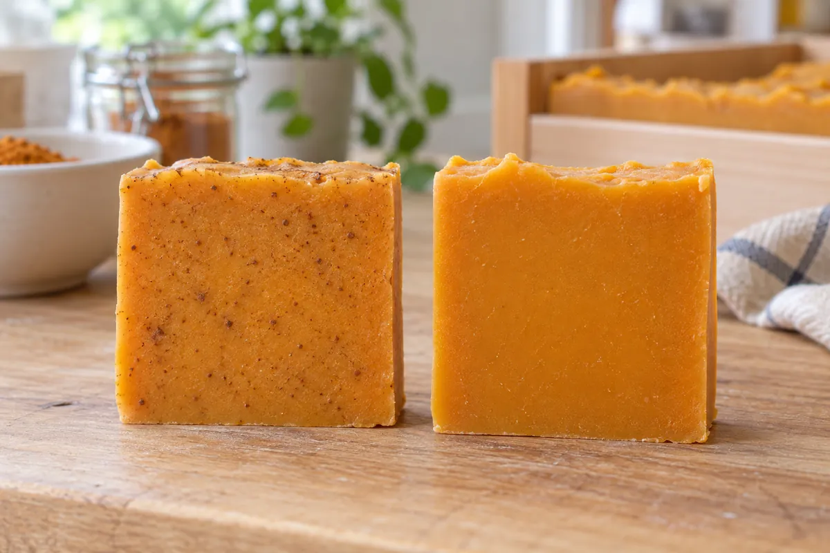Two cut bars of orange-gold soap side by side, the left one dotted with tiny darker specks of spice, the right one an even, smooth colour