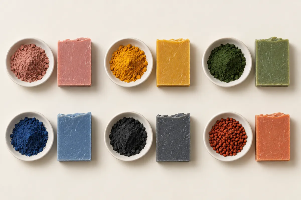 Small ceramic dishes of rose clay, turmeric, spirulina, indigo, charcoal and annatto seeds beside cut bars of naturally coloured soap on a cream backdrop