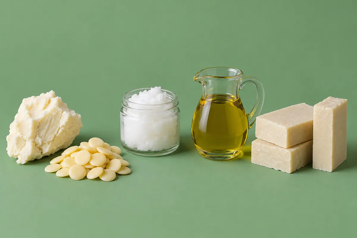 A block of shea butter, cocoa butter wafers, a jar of white coconut oil, a jug of olive oil and three pale cream soap bars on a sage green backdrop