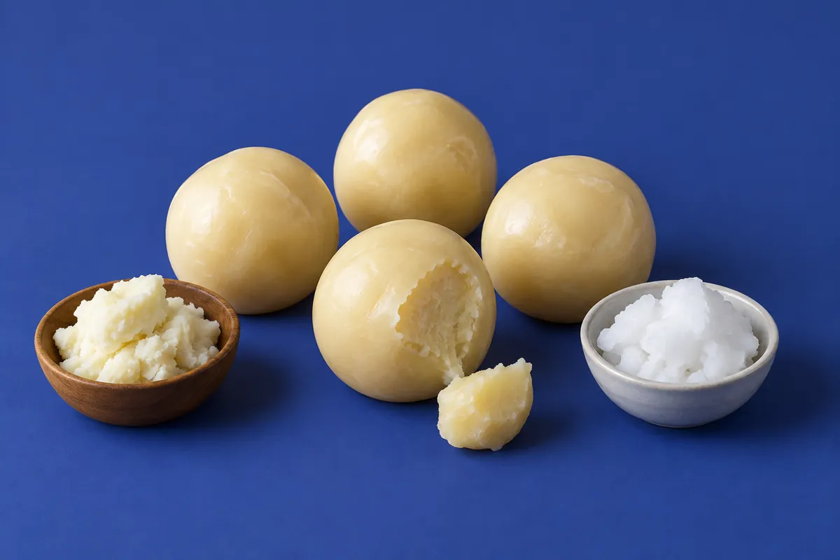 Licht honingkleurige bolletjes zachte, glanzende kalizeep, waarvan er één is opengeknepen, naast schaaltjes sheaboter en palmpitolie tegen een diep indigoblauwe achtergrond
