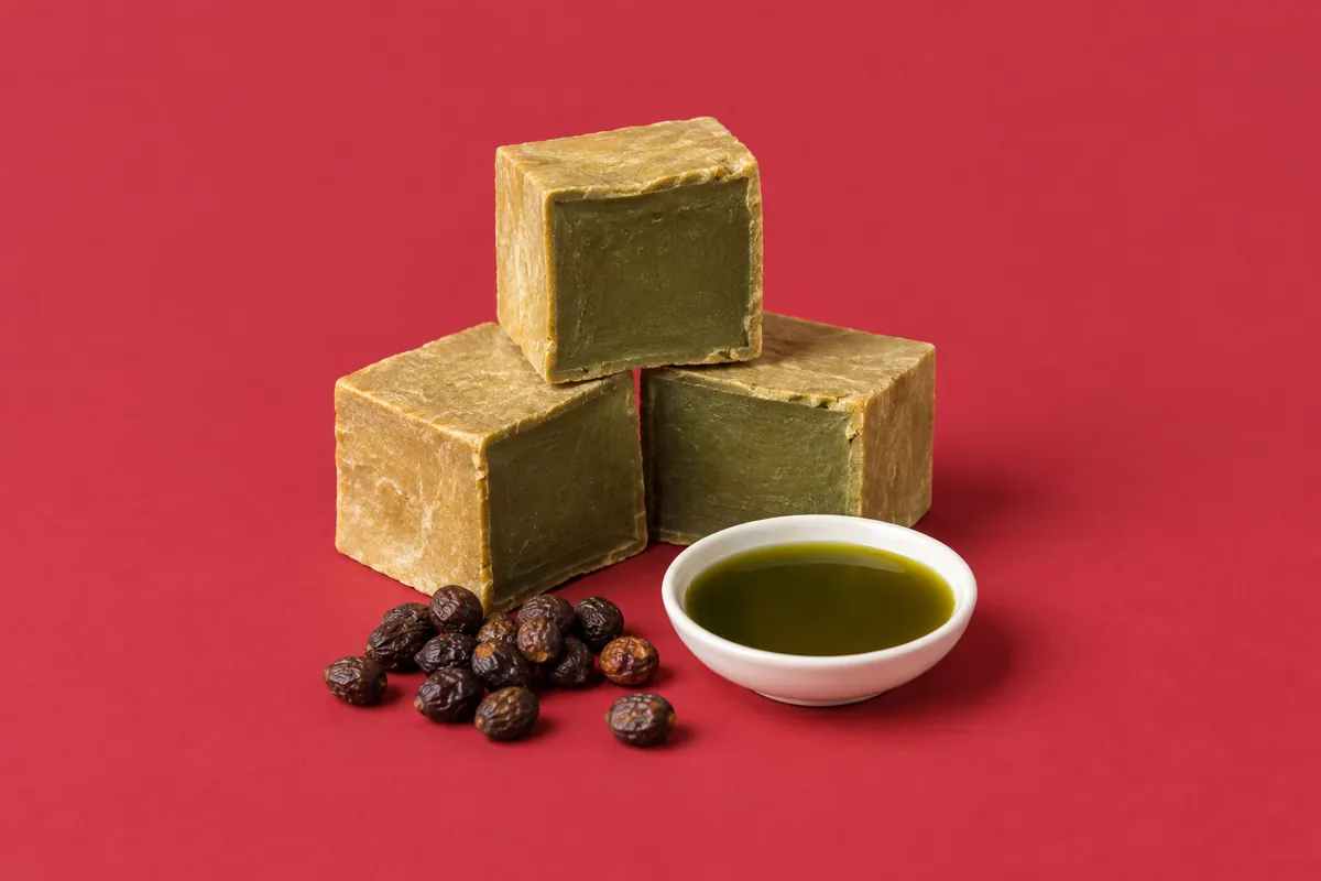 Cured cubes of Aleppo-style soap, tan outside and olive green on the cut face, beside a dish of dark green laurel berry oil and dried laurel berries on a deep rose backdrop