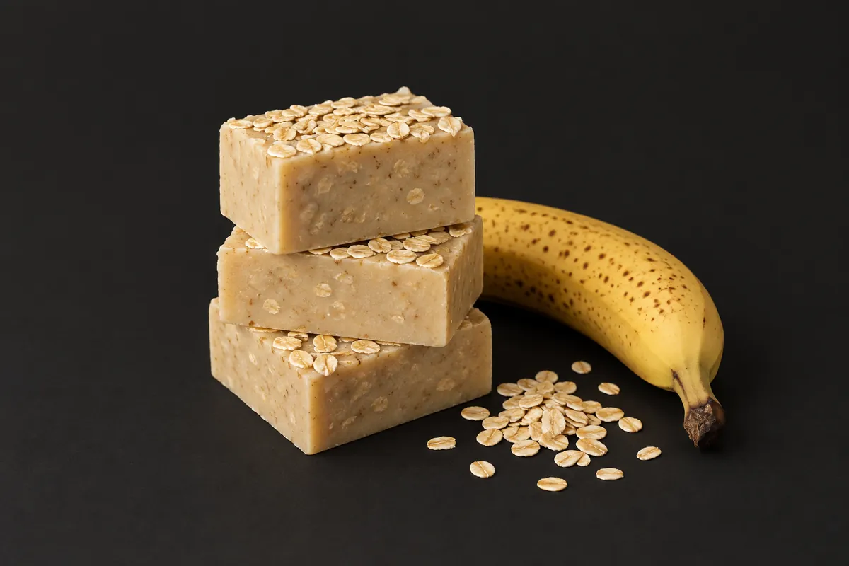 Warm beige stukken banaan-haverzeep met havervlokken erop naast een rijpe banaan tegen een antracietgrijze achtergrond