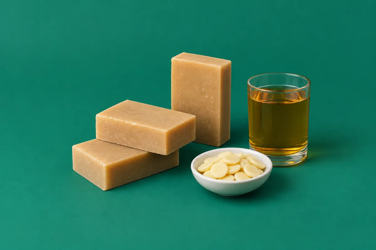 淡いキャラメル色のシャンプーバー三個。横に琥珀色のビールの入った小さなグラスと、薄片状のカカオバターを入れた皿。背景は深い緑色