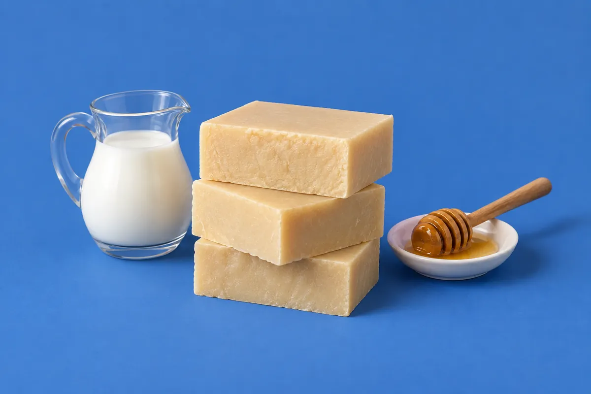 Licht karamelkleurige stukken karnemelk-honingzeep naast een glazen kannetje karnemelk en een honinglepel tegen een kobaltblauwe achtergrond