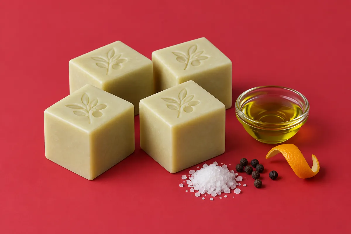 Four pale ivory castile soap cubes, each stamped with a simple olive sprig, beside a dish of olive oil, fine sea salt, black peppercorns and a curl of orange peel on a deep red backdrop