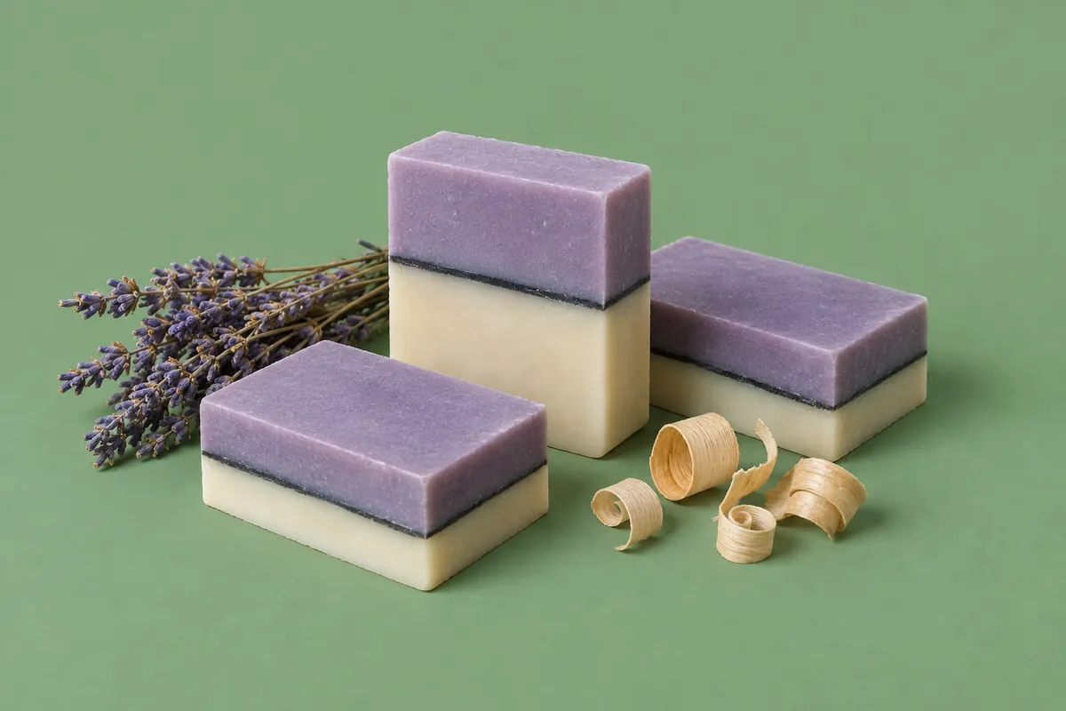 Three bars of soap with a cream lower layer, a thin black charcoal line and a soft lavender top layer beside dried lavender and cedar shavings on a green backdrop