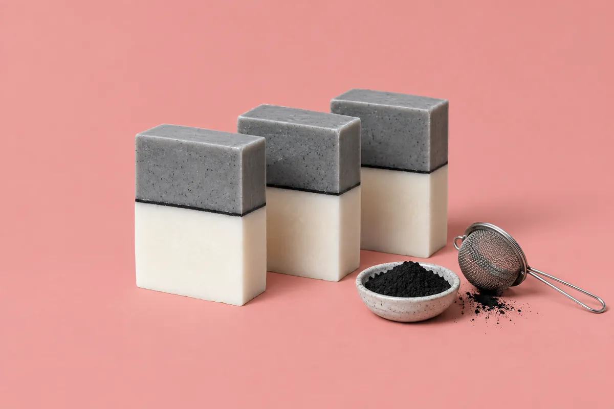 Bars of soap, white below and soft grey above, divided by one fine black charcoal line, beside a tea strainer on a pink backdrop
