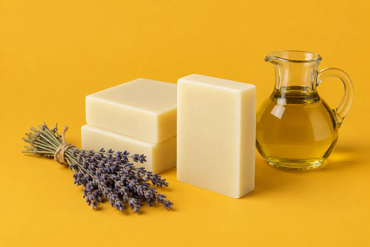 Three cream-coloured soap bars beside a small bundle of dried lavender and a jug of olive oil on a yellow backdrop