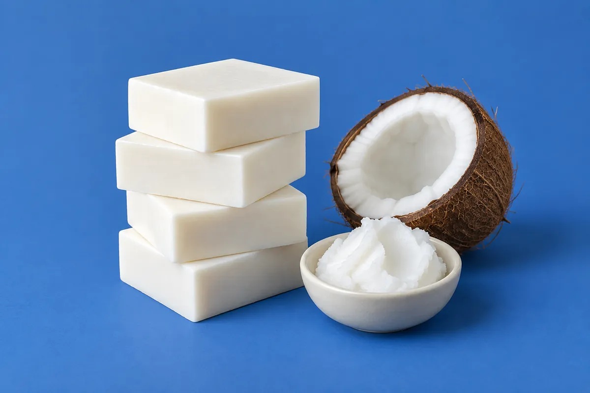 Helderwitte stukken kokoszeep met een fijne, gelijkmatige structuur naast een halve kokosnoot en een schaaltje vaste kokosolie op een blauwe achtergrond