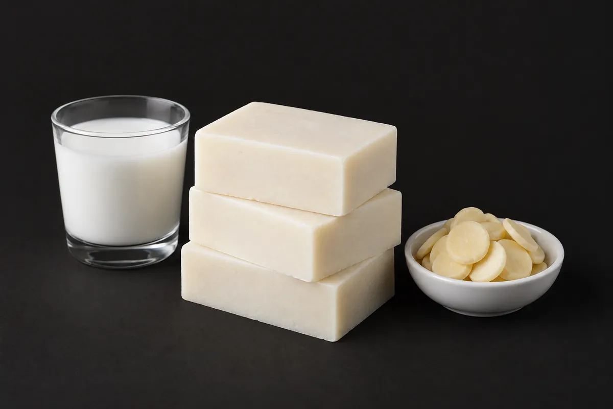 Creamy off-white bars of coconut milk soap beside a small glass of coconut milk and a dish of cocoa butter wafers on a charcoal backdrop
