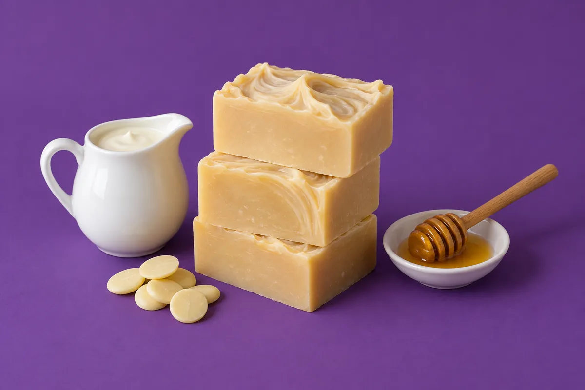 Stevige, crèmekleurige stukken room-en-honingzeep naast een kannetje room, een honinglepel en een paar cacaoboterpastilles op een paarse achtergrond