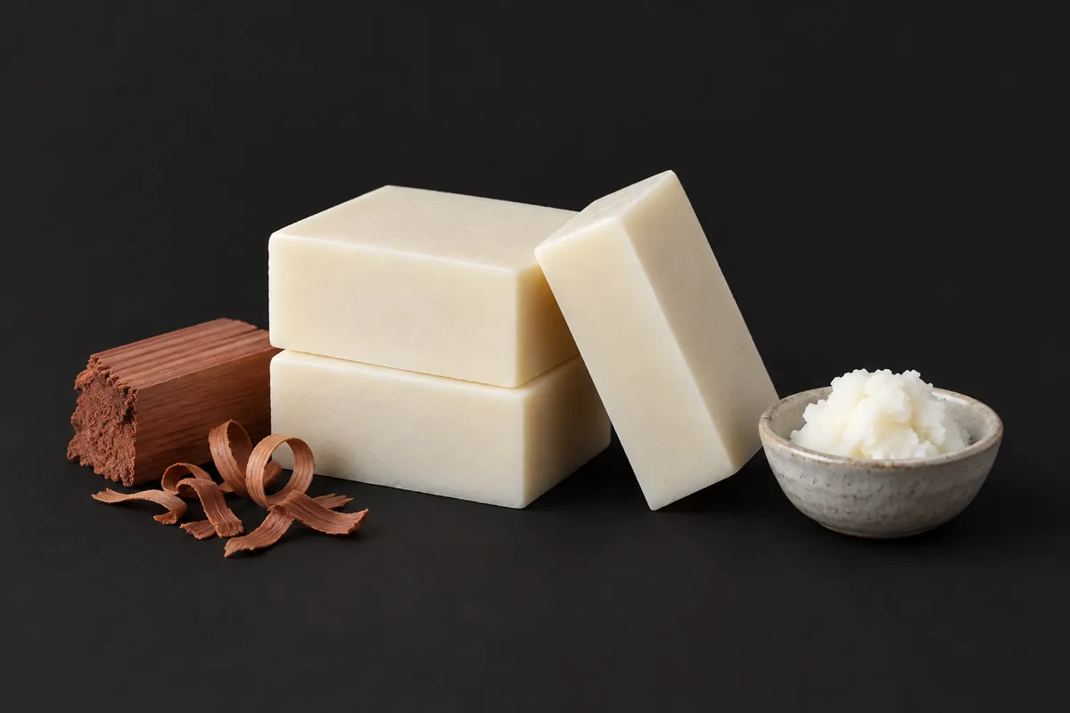 Three white soap bars beside a small block of cedar wood, a few cedar shavings and a dish of tallow on a charcoal black backdrop