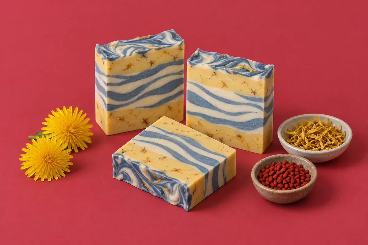 Bars of soft yellow soap with thin wavy cream and blue stripes through the middle, golden petal flecks and blue spirals on top, on a deep rose backdrop