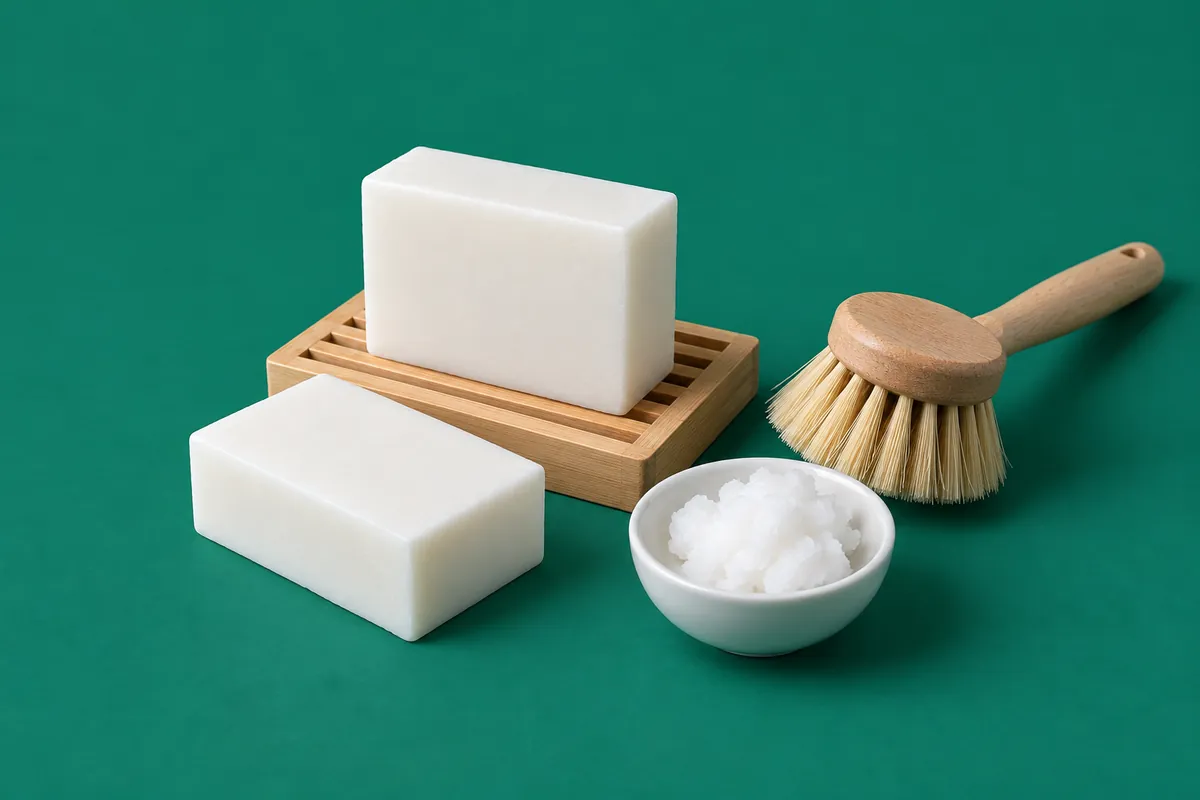 Twee helderwitte stukken keukenzeep op een houten zeepbakje met latjes naast een houten afwasborstel en een schaaltje kokosolie op een diepgroene achtergrond