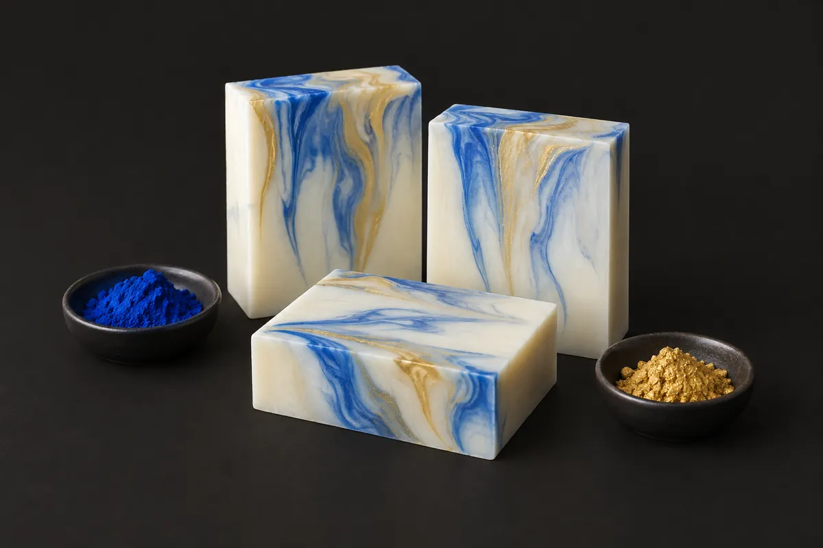 Stukken witte zeep met lange, diep doorlopende strepen blauw en glinsterend goud over de snijvlakken, op een antracietkleurige achtergrond