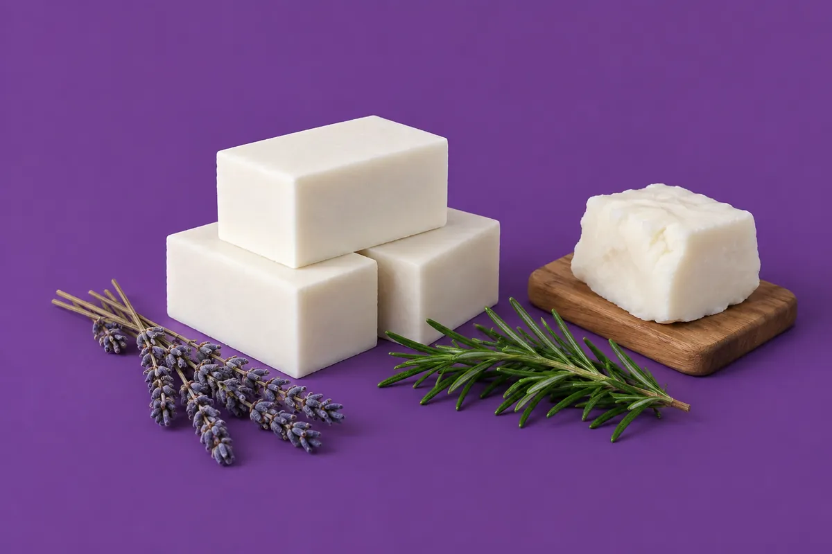 Drie harde witte stukken zeep met strakke randen naast een takje lavendel, een takje rozemarijn en een blokje talg tegen een paarse achtergrond