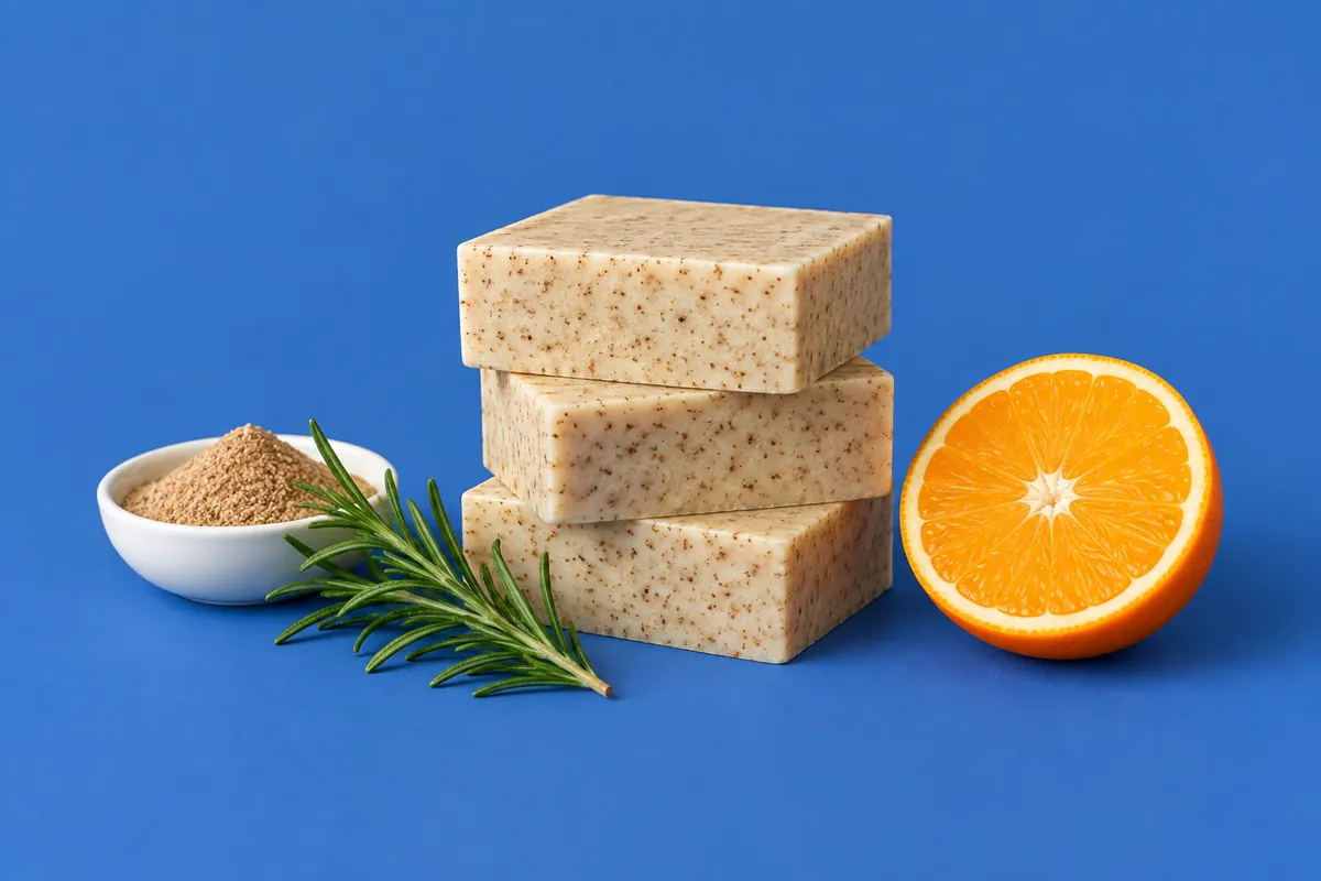 Drie crèmekleurige stukken zeep gespikkeld met lichtbruin abrikozenpitpoeder naast een schaaltje van het poeder, een takje rozemarijn en een halve sinaasappel tegen een kobaltblauwe achtergrond