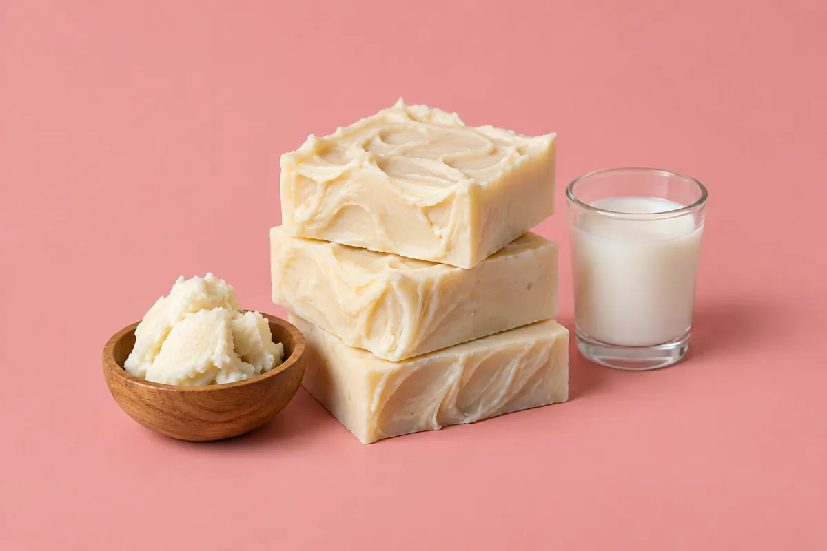 Rustic cream-coloured hot process soap bars with swooped, textured tops beside a small dish of shea butter and a glass of goat milk on a pink backdrop