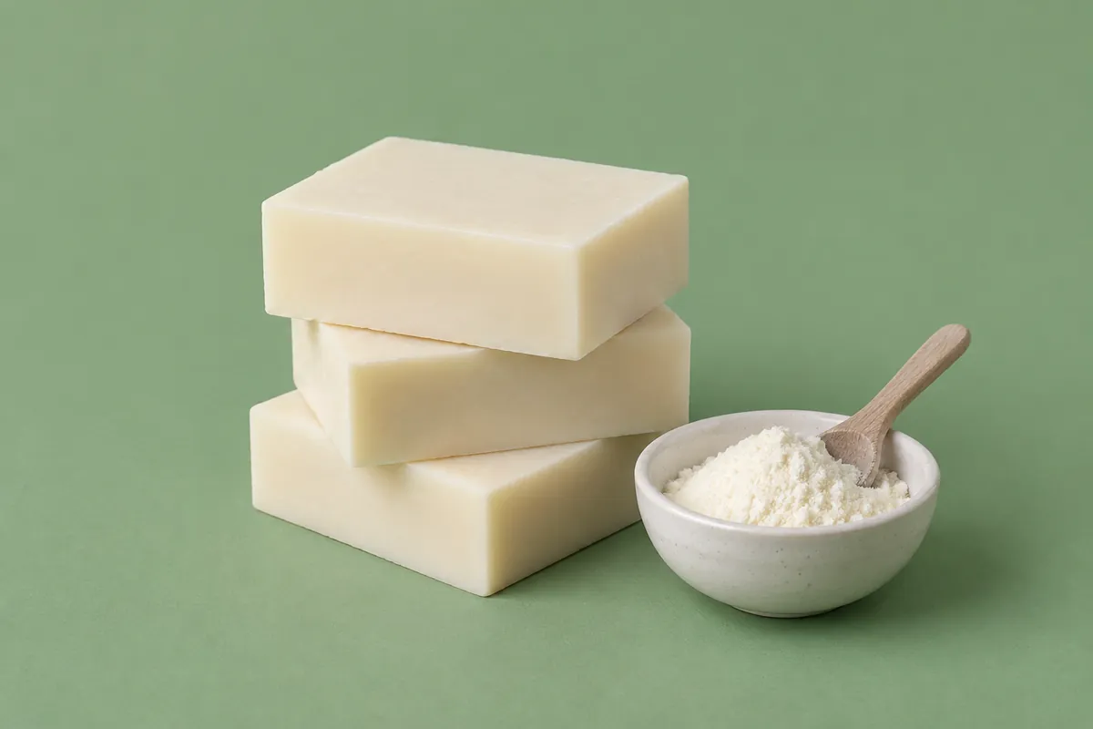 Smooth ivory bars of goat milk soap beside a small dish of goat milk powder on a sage green backdrop