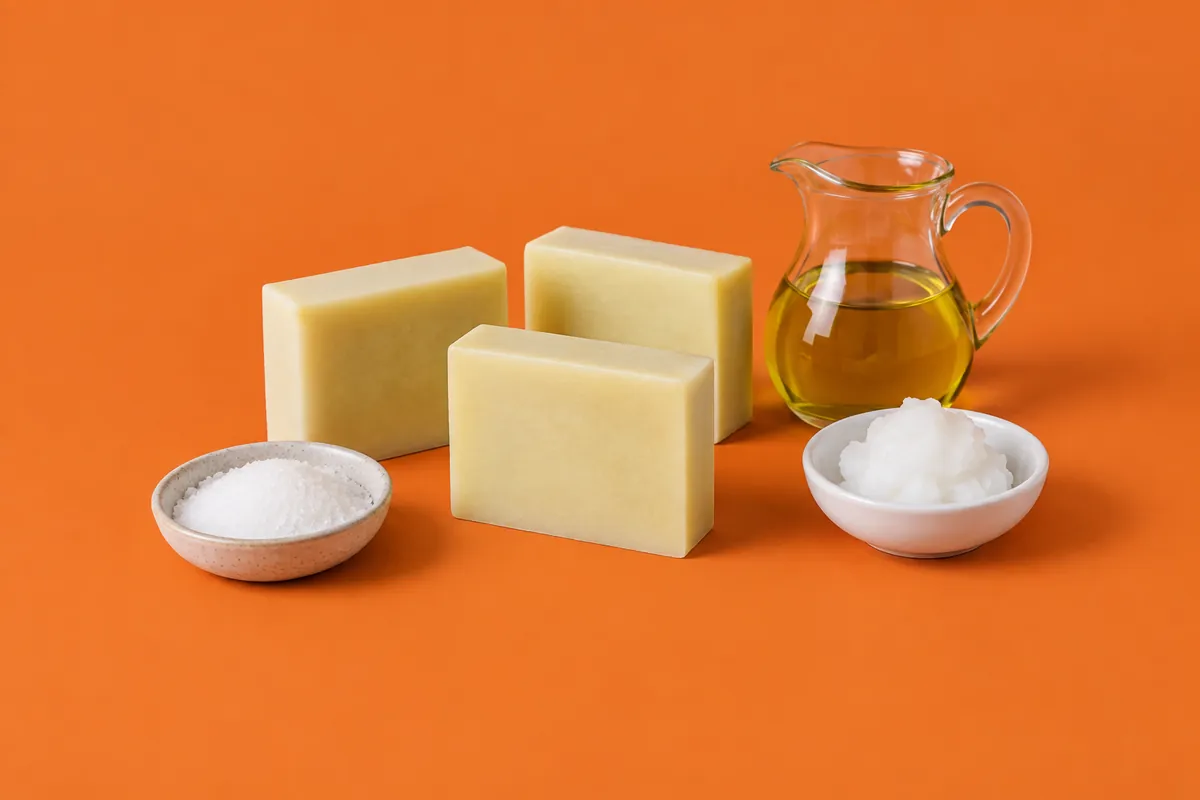 Three pale cream soap bars beside a jug of olive oil, a dish of coconut oil and a small bowl of salt on an orange backdrop
