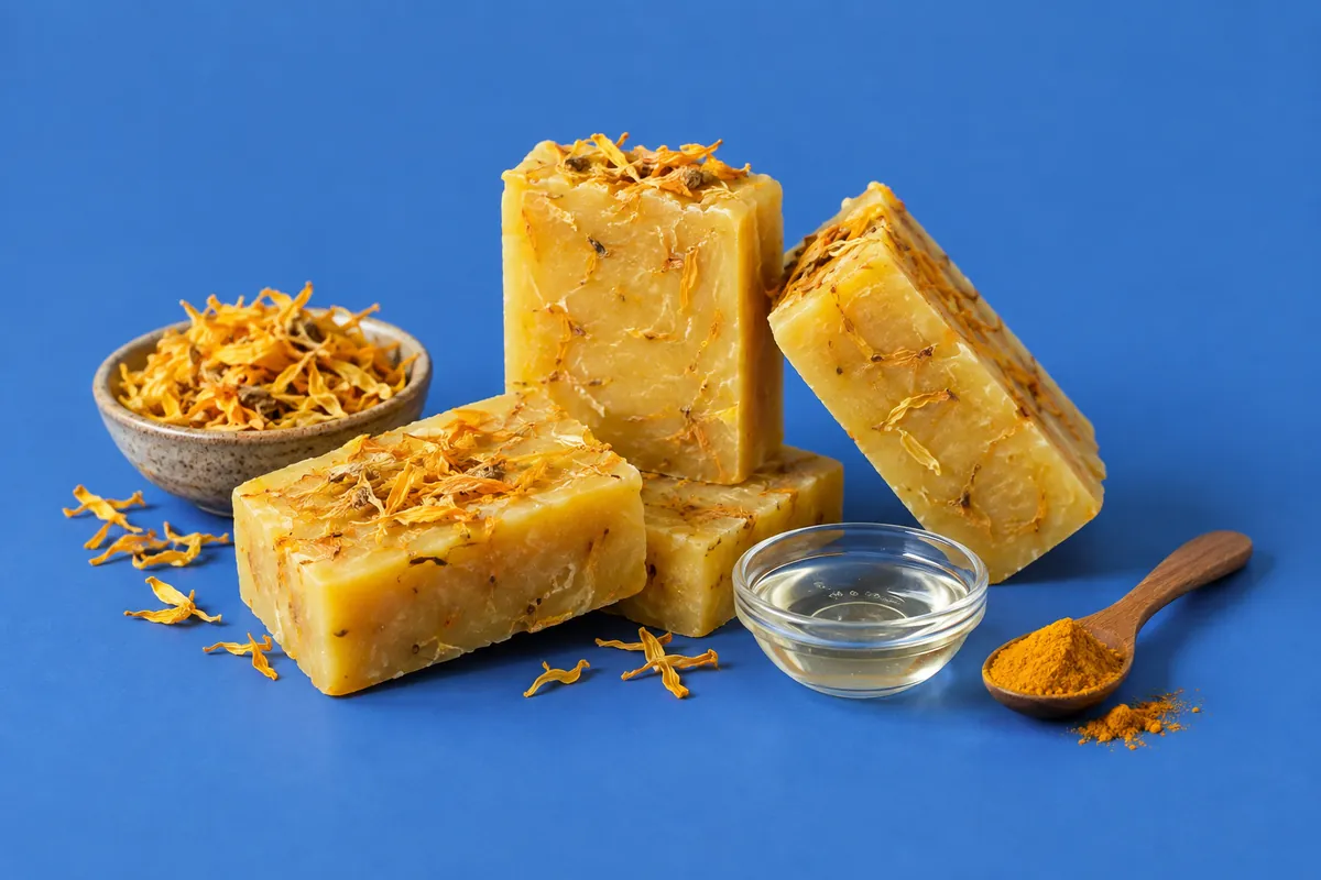 Four rustic golden yellow hand-milled soap bars flecked with orange calendula petals, more petals pressed into their tops, beside a bowl of dried calendula, a small dish of glycerin and a spoon of turmeric on a blue backdrop