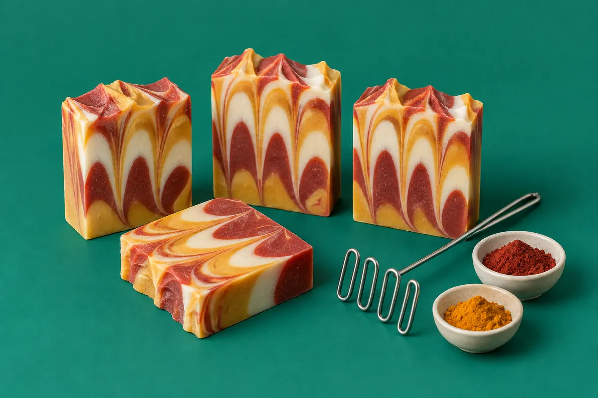 Cut bars of soap showing brick red, ochre and white layers pulled into rows of tall loops, beside a wire hanger tool on a deep teal backdrop
