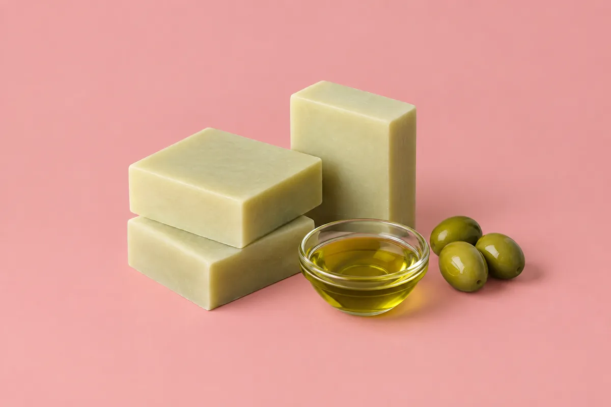 Three pale green-cream soap bars beside a small glass dish of olive oil and three green olives on a pink backdrop