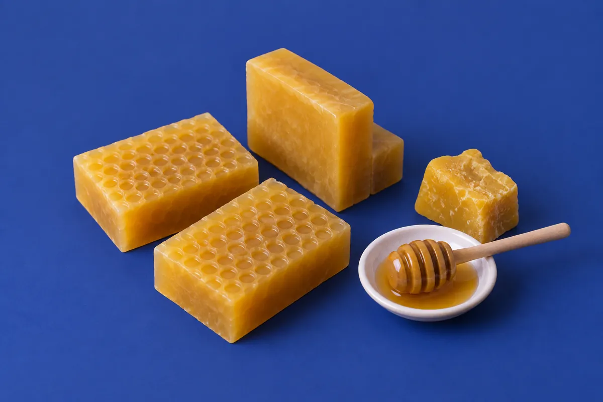 Golden bars of honey soap with a honeycomb pattern pressed into their faces beside a block of yellow beeswax and a honey dipper on a deep blue backdrop