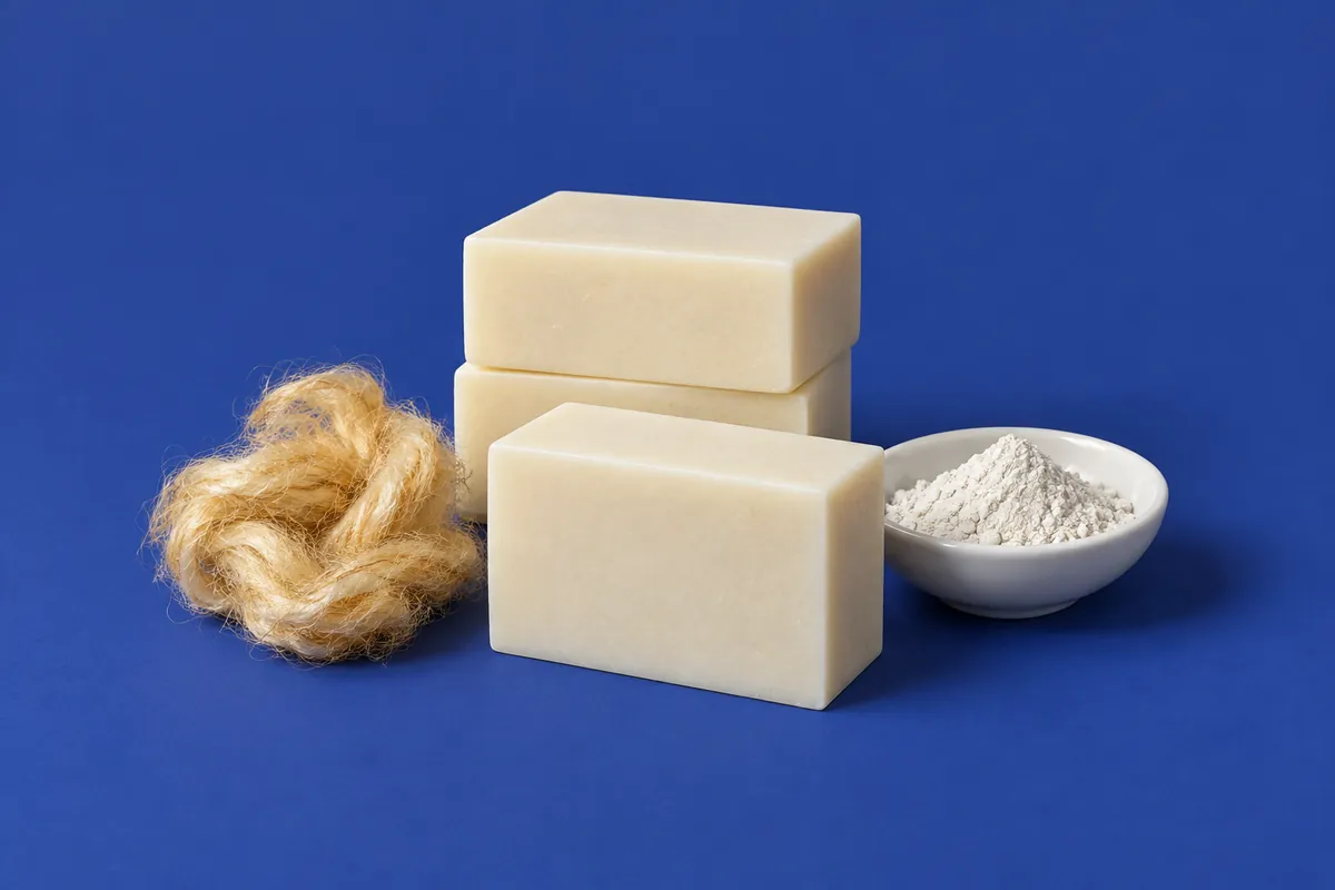 Three pale ivory bars of silk and kaolin face soap beside a tuft of golden tussah silk and a dish of white kaolin clay on an indigo backdrop