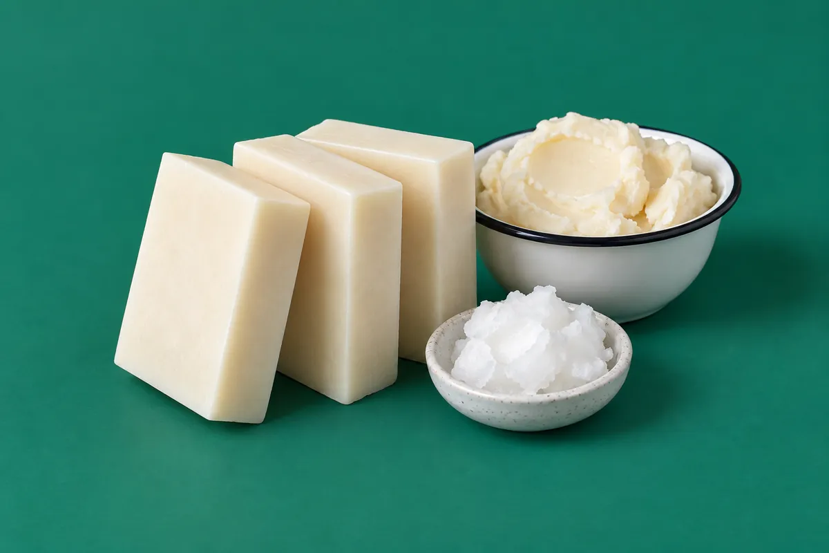 Drie eenvoudige witte stukken zeep met gladde snijvlakken naast een kom uitgesmolten talg en een schaaltje kokosolie tegen een diepgroene achtergrond