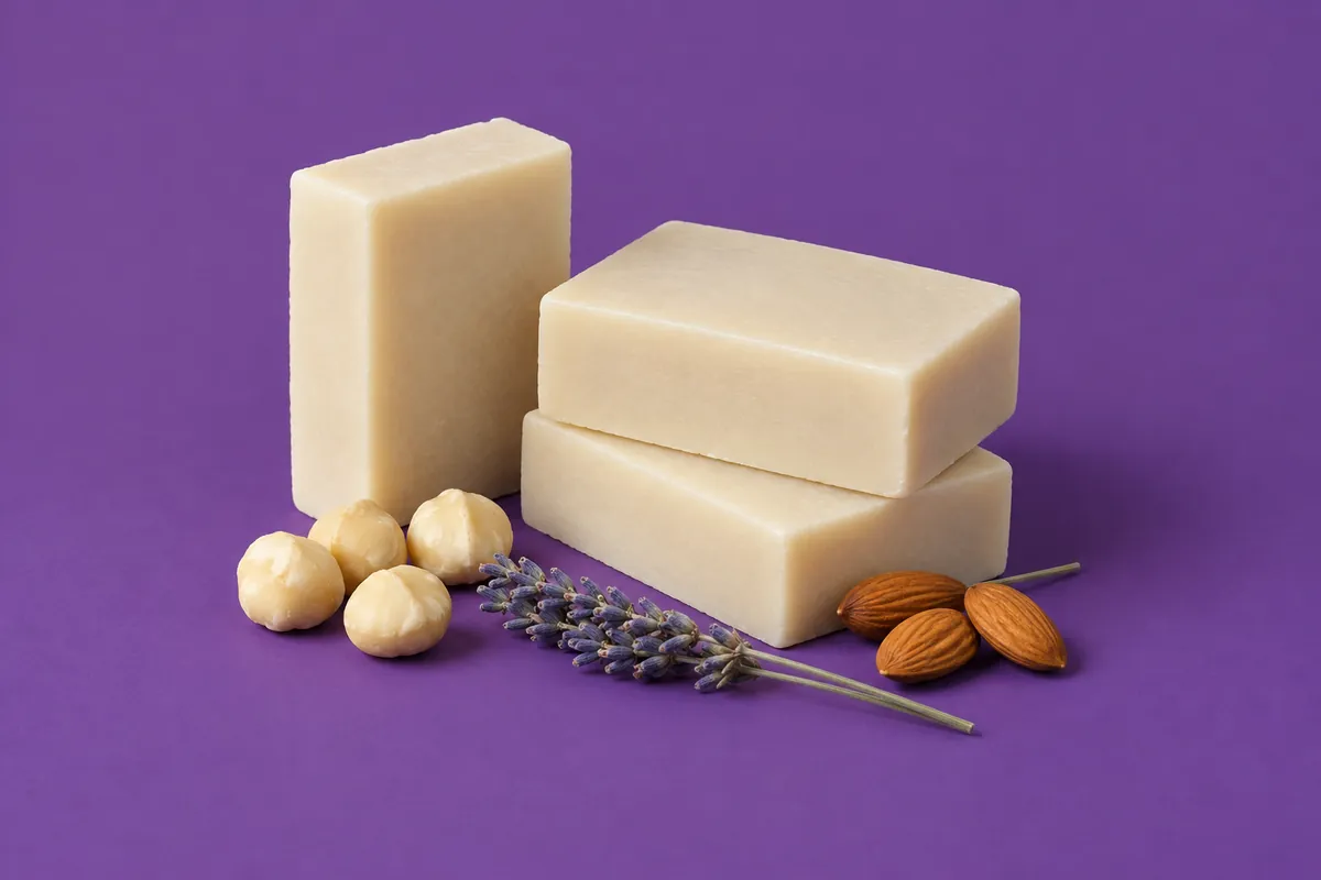 Drie ivoorkleurige shampoobars naast een paar gepelde kukuinoten, hele amandelen en een takje lavendel tegen een paarse achtergrond