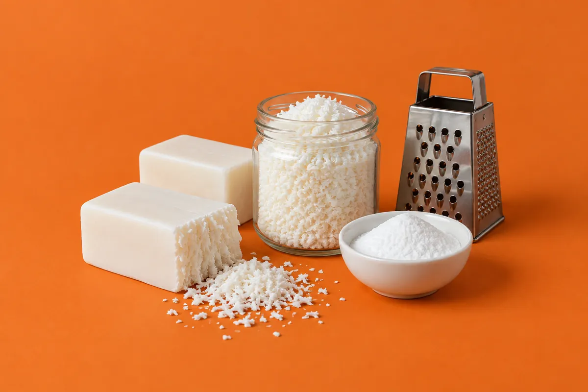 Two bright white coconut laundry bars, one half grated, beside a jar of grated soap flakes and a bowl of washing soda on an orange backdrop