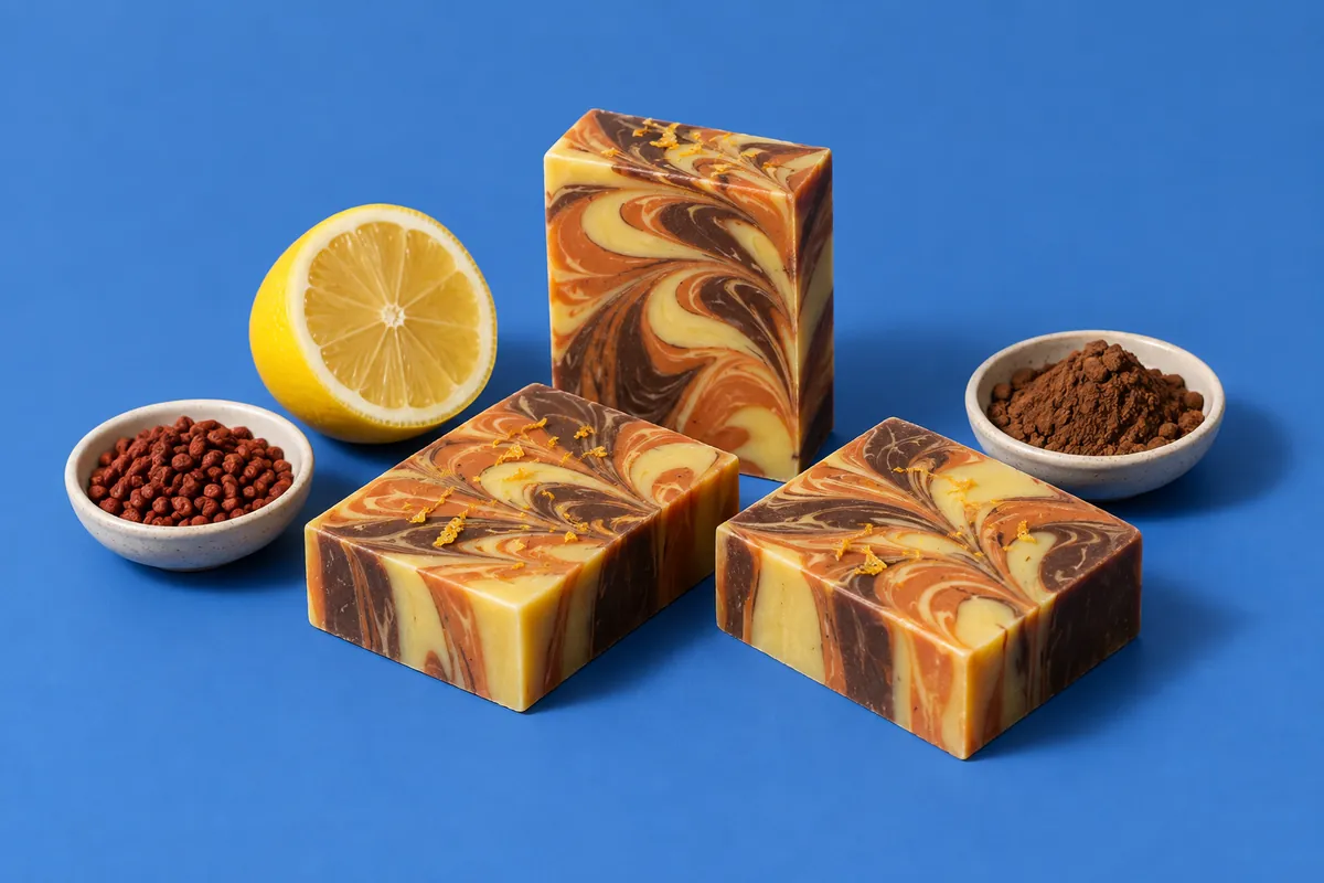 Square soap bars cut from a slab, their tops swirled in orange, cocoa brown and cream S-curves flecked with lemon zest, beside a halved lemon, annatto seeds and cocoa powder on a blue backdrop