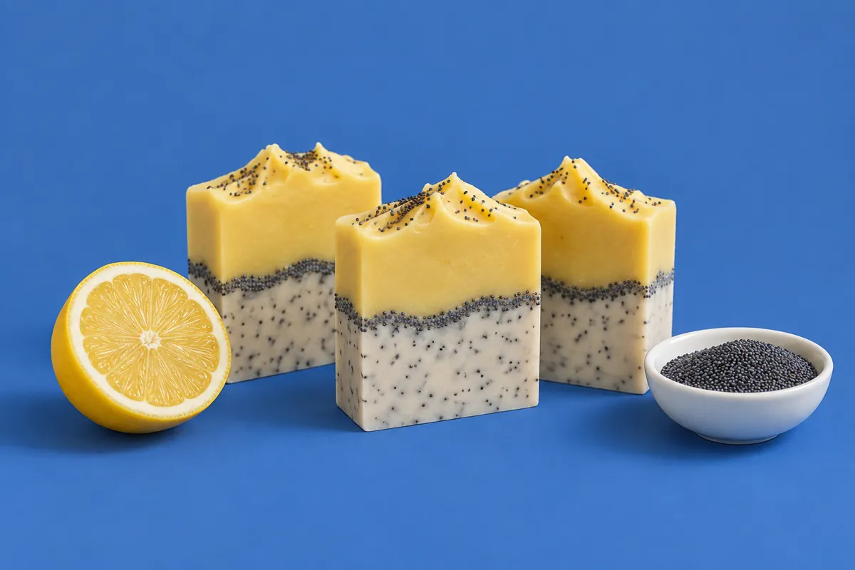 Drei geschichtete Seifenstücke, eine cremefarbene, mit Mohn gesprenkelte Unterschicht unter einer sanft gelben Oberschicht, neben einer halbierten Zitrone und einer Schale Mohnsamen vor einem blauen Hintergrund