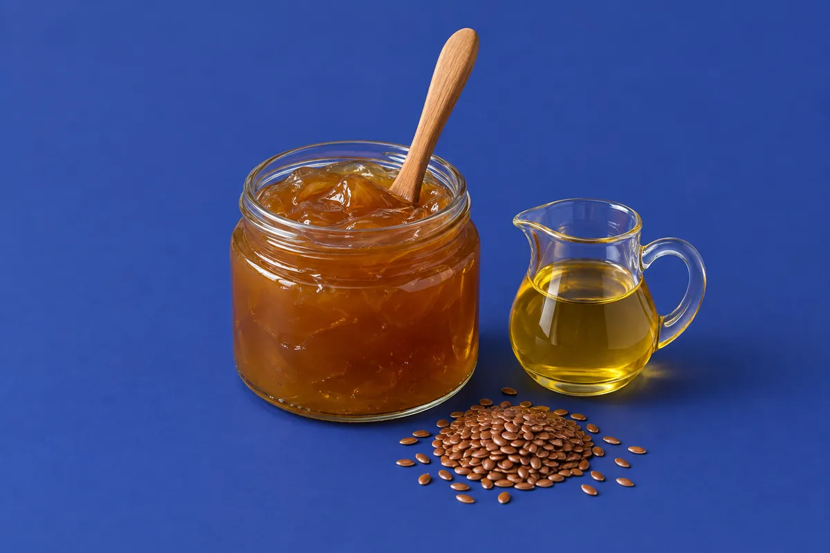 A glass jar of glossy, translucent amber soft soap with a wooden spoon in it beside a small jug of golden linseed oil and a few brown flax seeds on an indigo backdrop